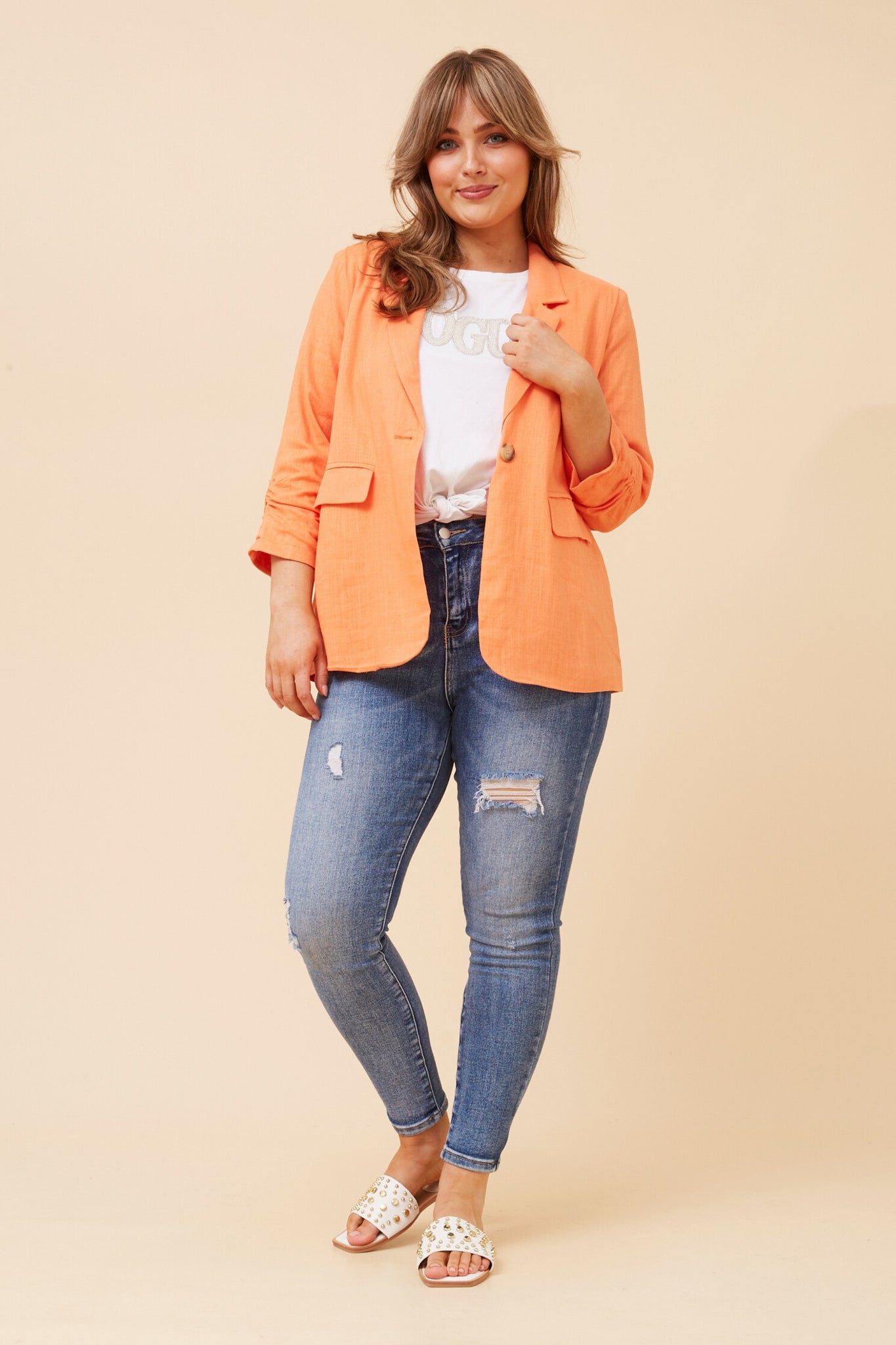 CKM - 3/4 RUCHED SLEEVE LINEN JACKET