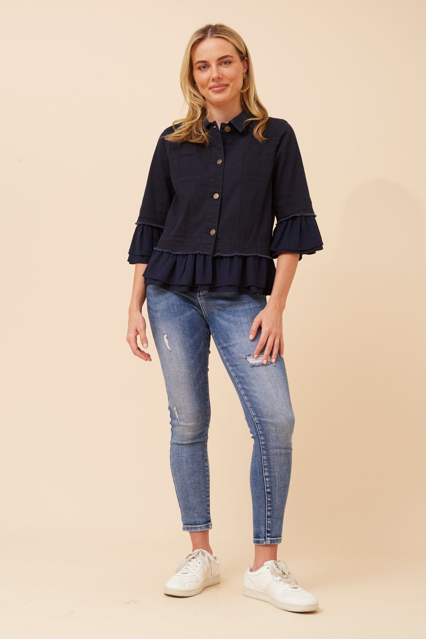 CKM - 3/4 SLEEVE FRILL DENIM JACKET