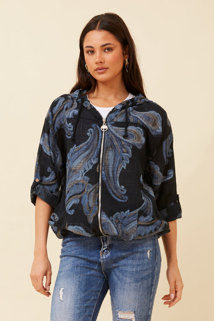 CKM - 3/4 SLEEVE PAISLEY PRINTED HOODY JACKET