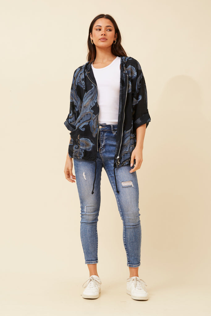 CKM - 3/4 SLEEVE PAISLEY PRINTED HOODY JACKET