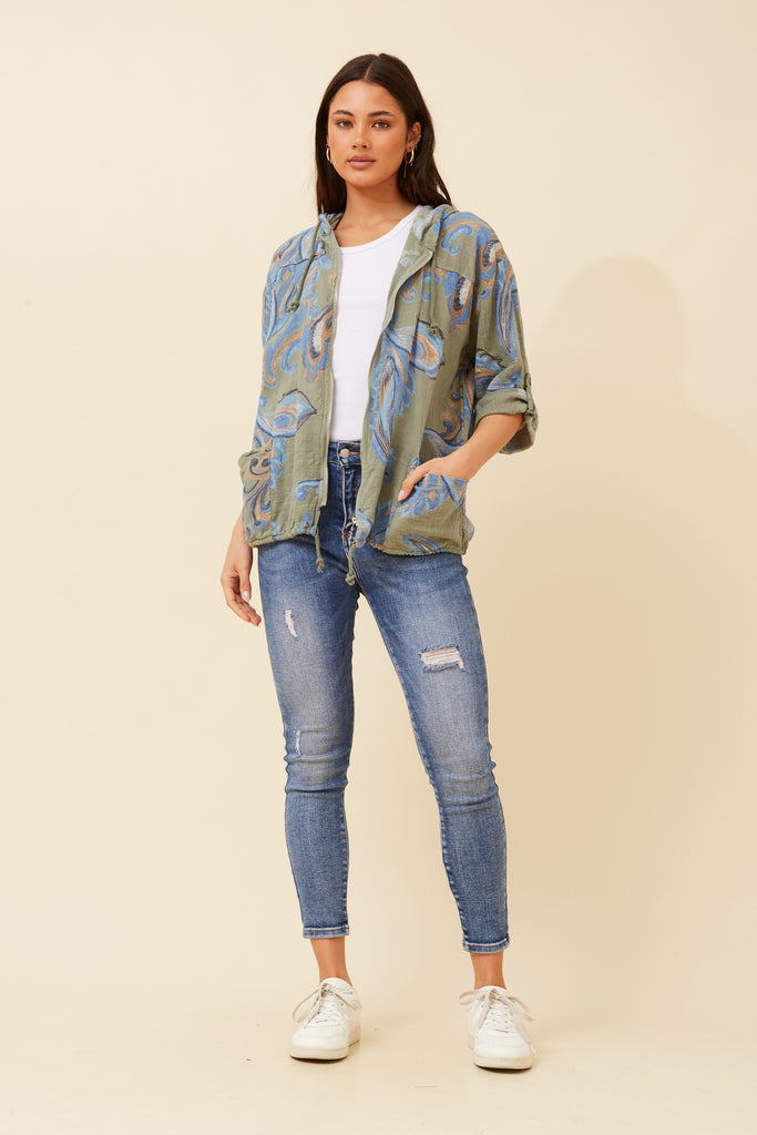 CKM - 3/4 SLEEVE PAISLEY PRINTED HOODY JACKET