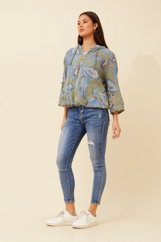 CKM - 3/4 SLEEVE PAISLEY PRINTED HOODY JACKET