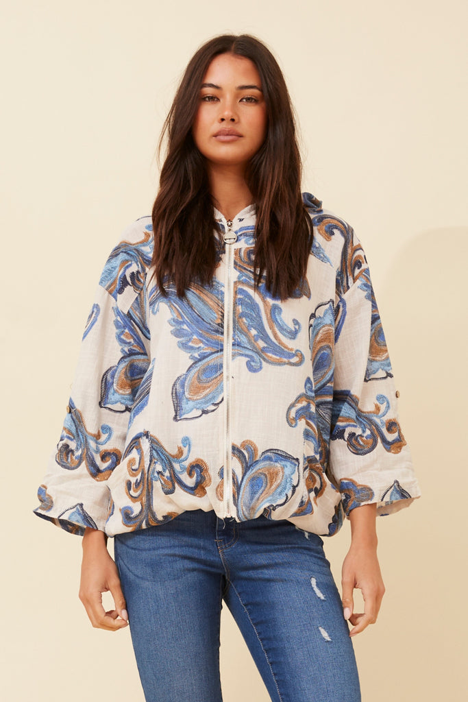 CKM - 3/4 SLEEVE PAISLEY PRINTED HOODY JACKET