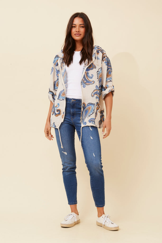 CKM - 3/4 SLEEVE PAISLEY PRINTED HOODY JACKET