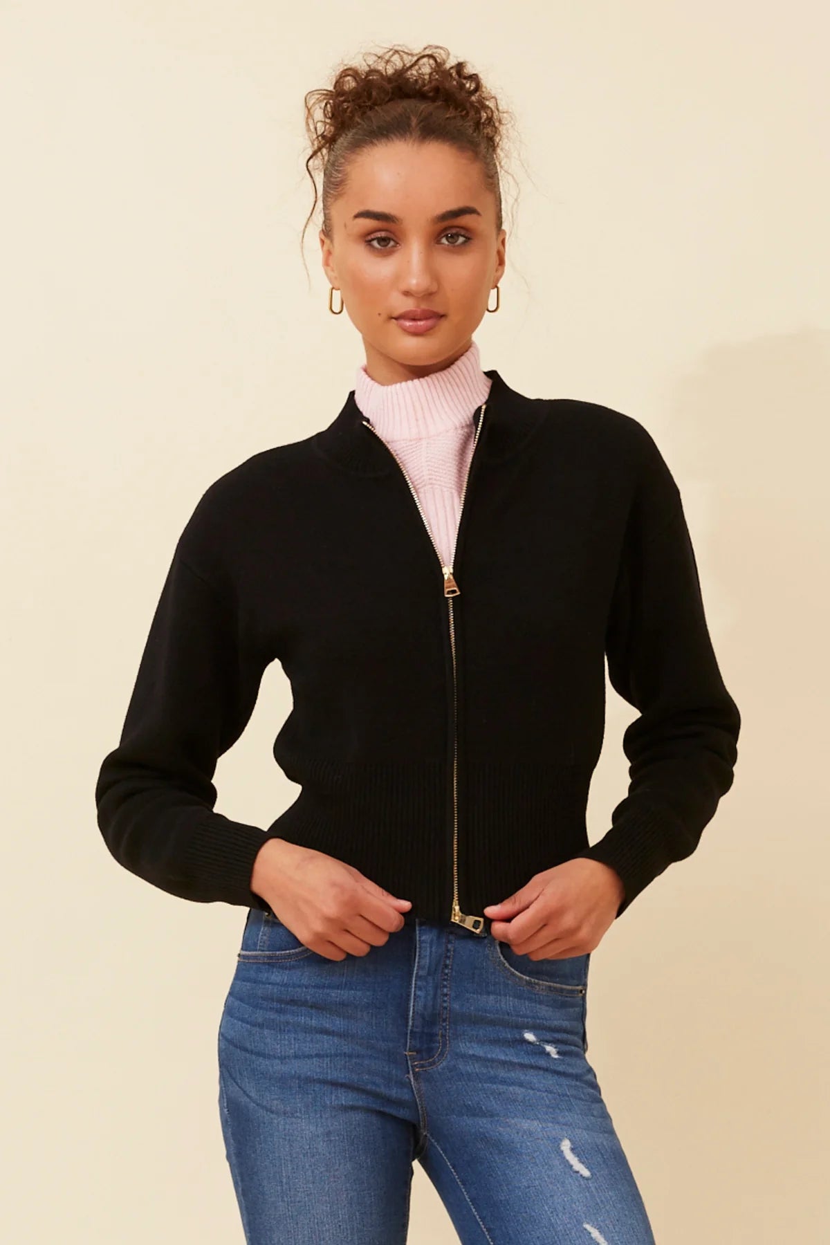 CKM - CROPPED FRONT ZIP CARDIGAN WITH HIGH NECK
