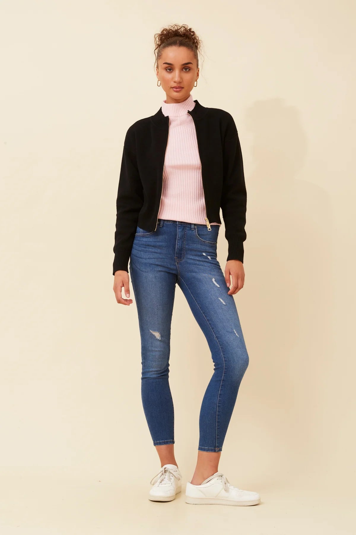 CKM - CROPPED FRONT ZIP CARDIGAN WITH HIGH NECK
