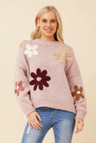 CKM - KNIT PULLOVER WITH CONTRAST FLOWER APPLIQUES