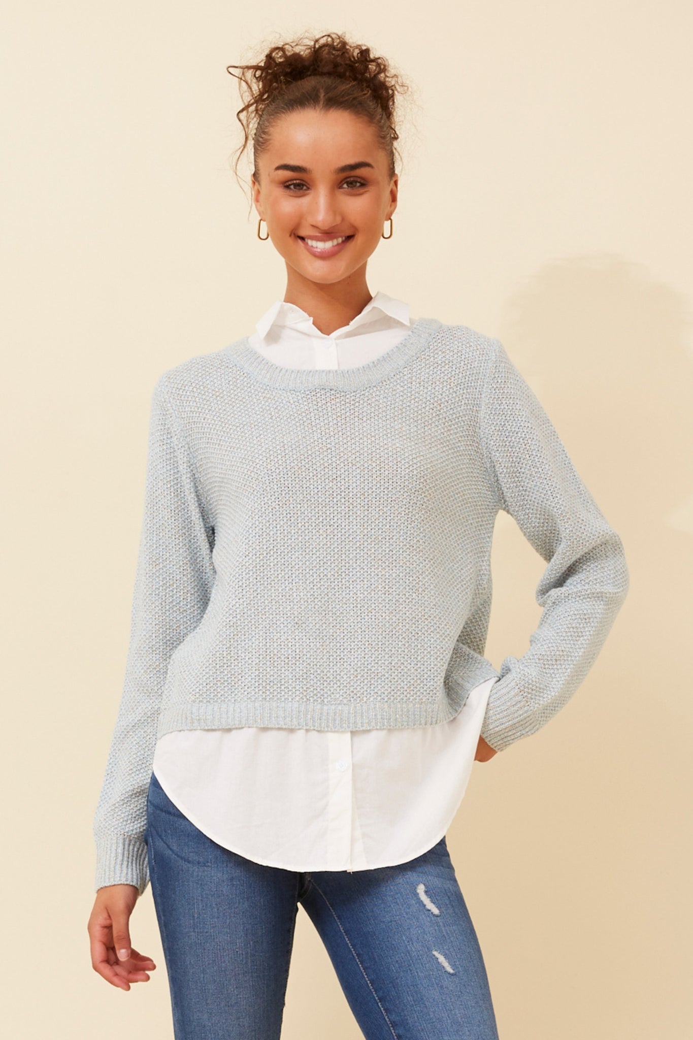 CKM - TWOFER KNIT PULLOVER WITH WHITE WOVEN SHIRT CONTRAST