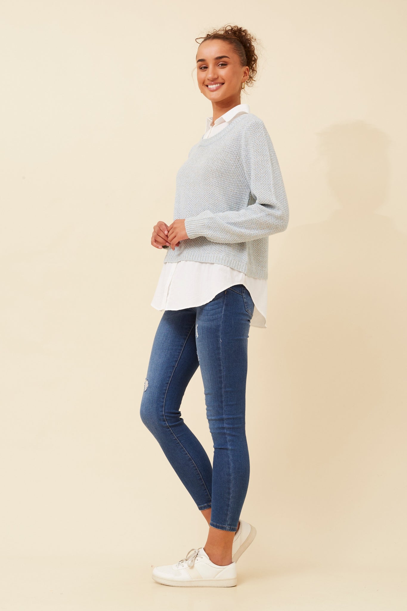 CKM - TWOFER KNIT PULLOVER WITH WHITE WOVEN SHIRT CONTRAST