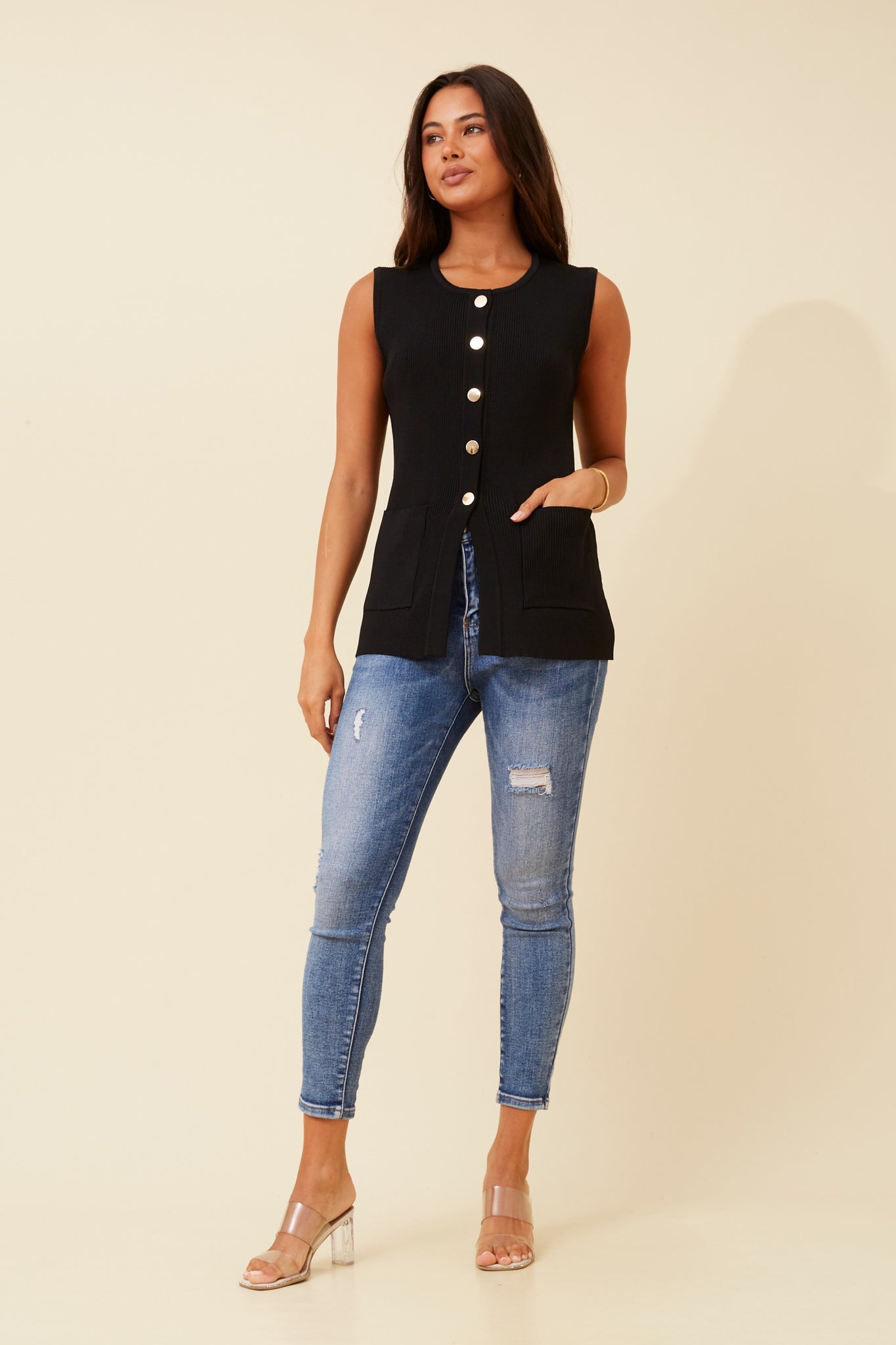 CKM - KNITTED GOLD BUTTON THROUGH VEST WITH PATCH POCKETS