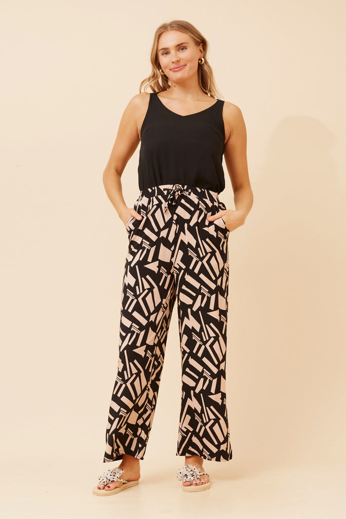 CKM - LONG PRINTED WIDE LEG PANT WITH WAIST TIE