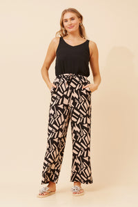CKM - LONG PRINTED WIDE LEG PANT WITH WAIST TIE