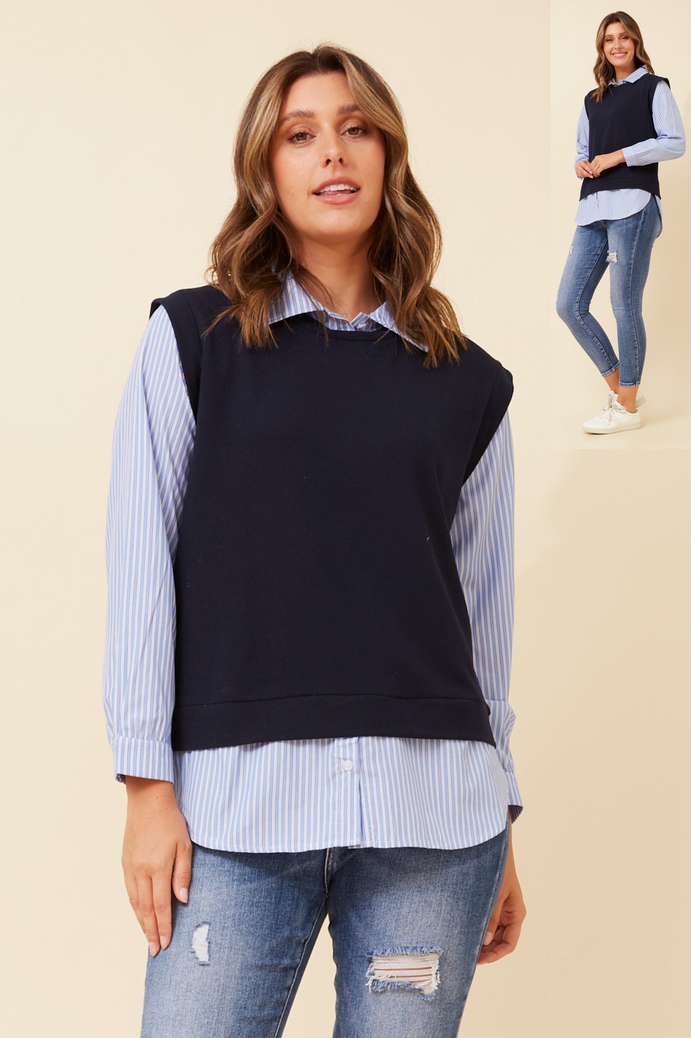 CKM - STRIP-E TWOFER KNIT TOP