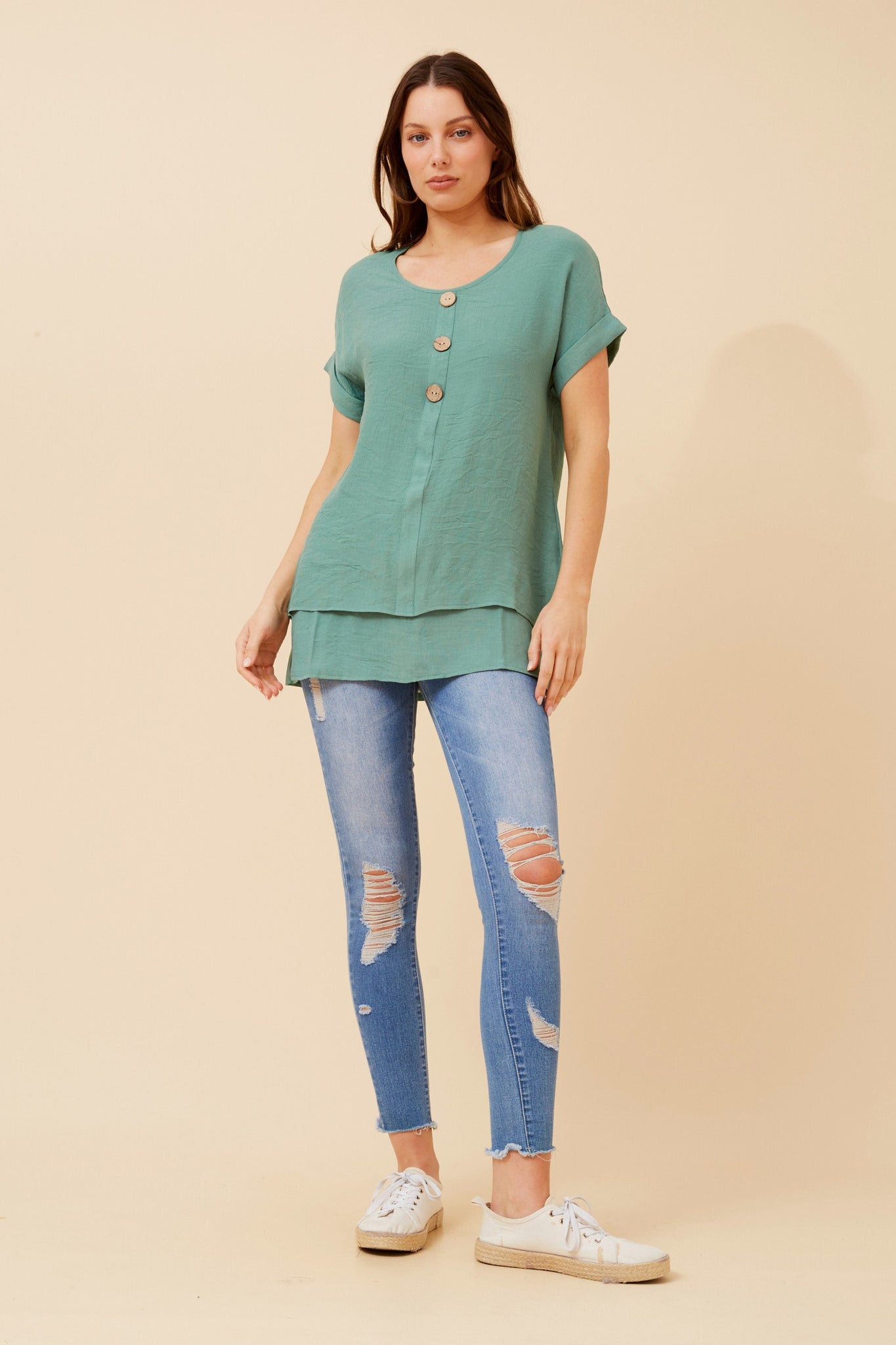 CKM - CAP SLEEVE TOP WITH FRONT BUTTON DETAIL
