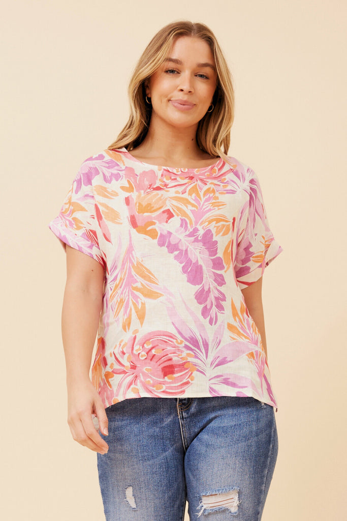 CKM - SHORT SLEEVE LEAF PRINTED TOP
