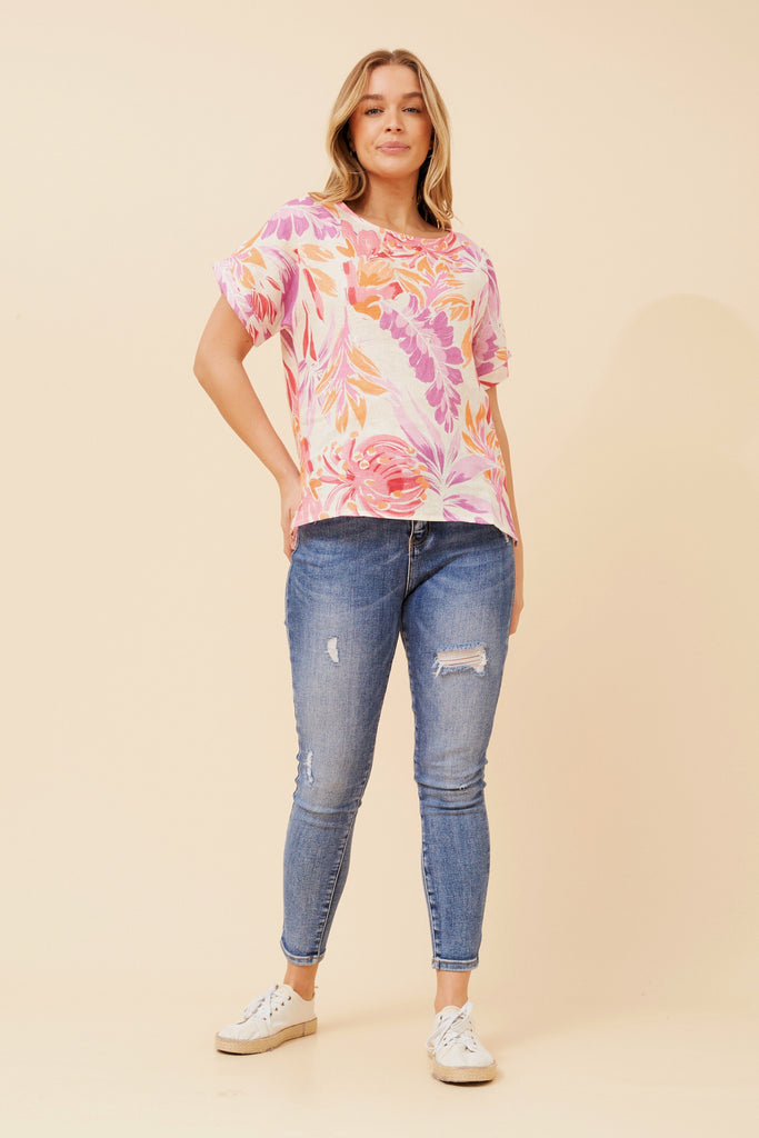 CKM - SHORT SLEEVE LEAF PRINTED TOP