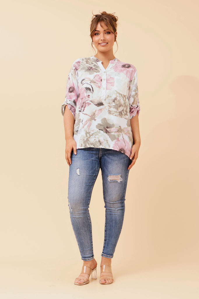 CKM - 3/4 SLEEVE PRINTED TOP WITH SEQUIN DETAIL
