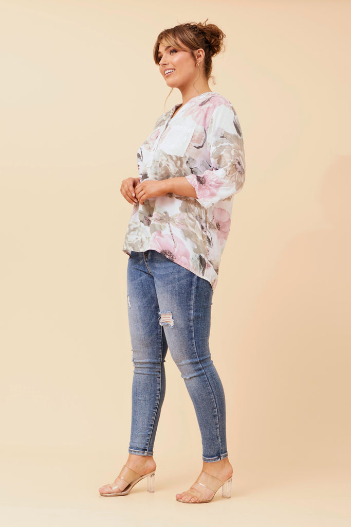 CKM - 3/4 SLEEVE PRINTED TOP WITH SEQUIN DETAIL