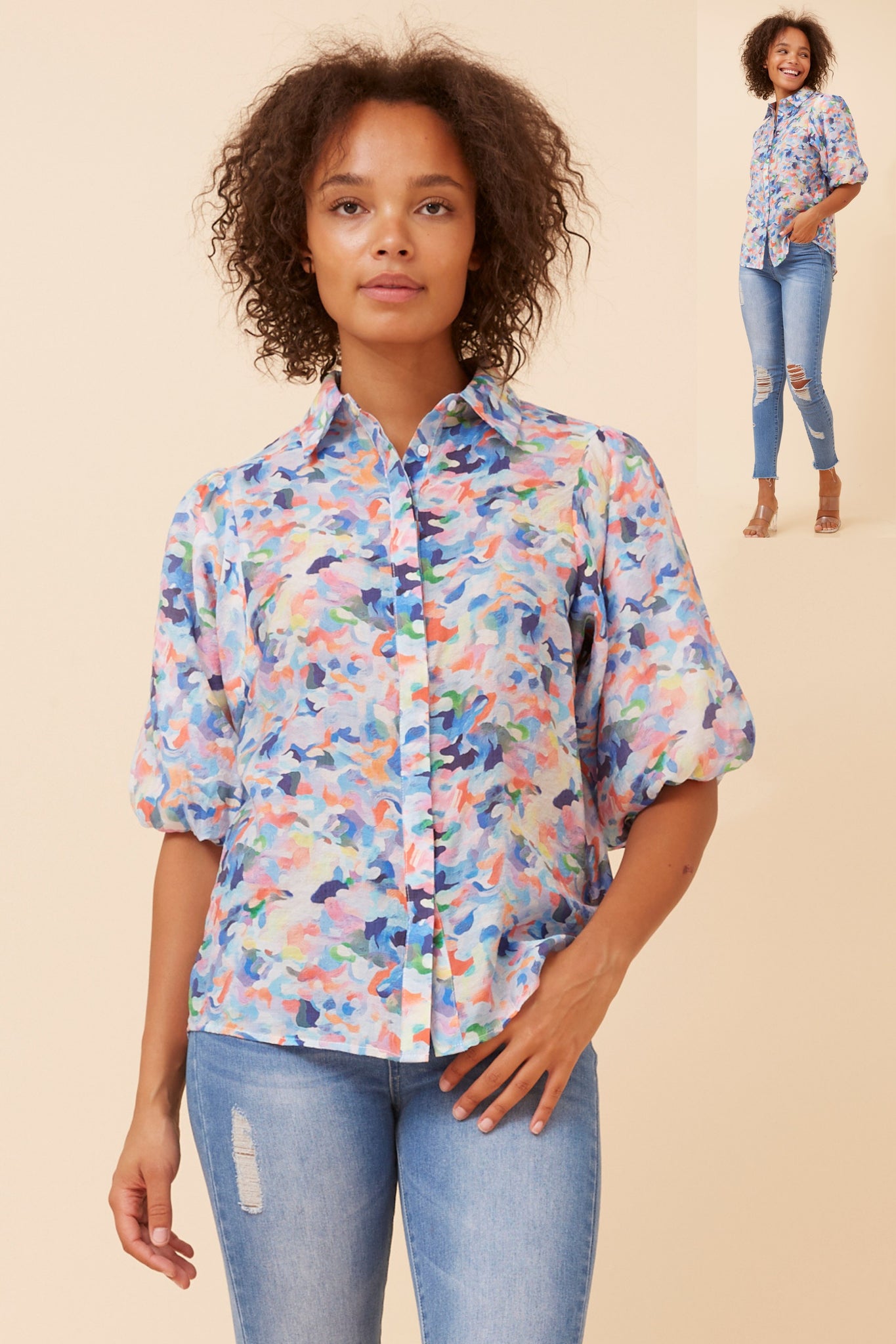 CKM - SHORT PUFF SLEEVE BUTTON THROUGH BLOUSE
