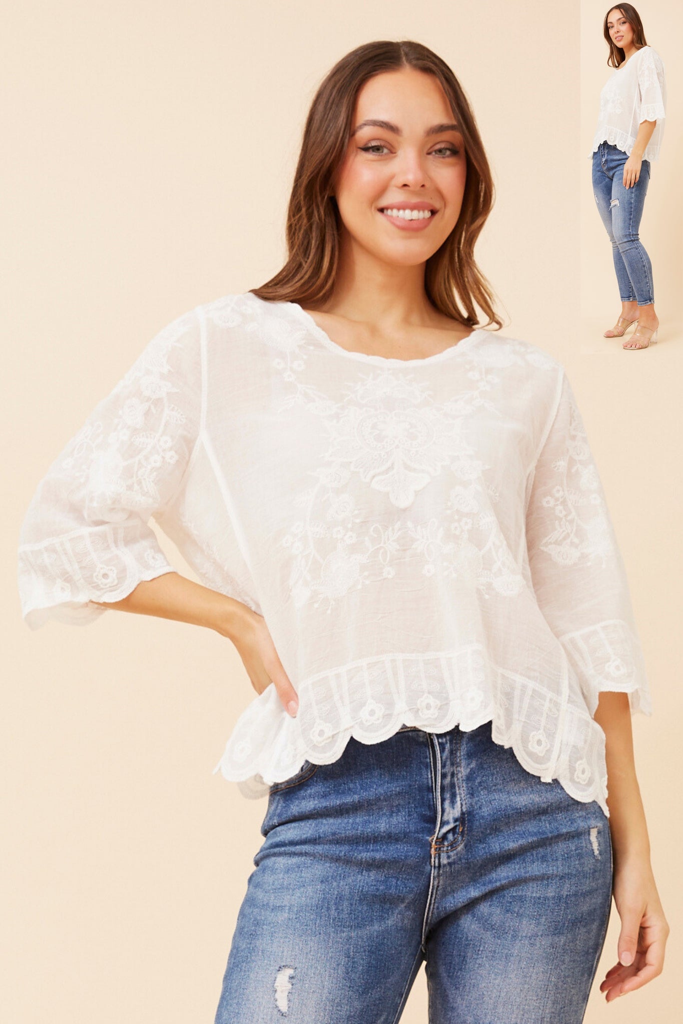 CKM - EMBROIDED TOP WITH SCALLOPED HEMLINE