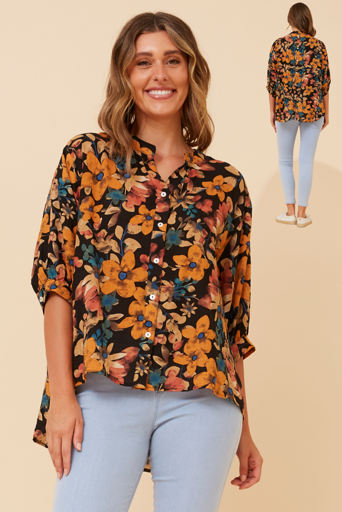 CKM - 3/4 SLEEVE PRINTED SHIRT WITH BACK BUTTON DETAIL