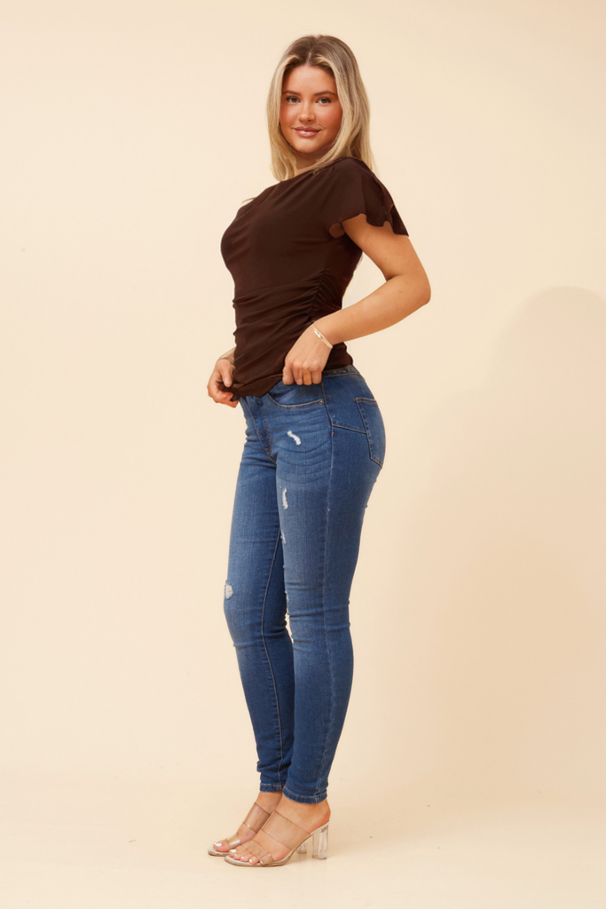 CKM - CAP SLEEVE COWL NECK TOP WITH SIDE RUCHING