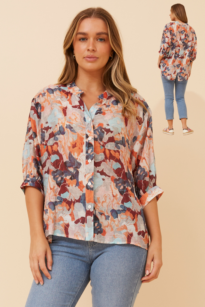 CKM - 3/4 SLEEVE PRINTED SHIRT WITH BACK BUTTON DETAIL