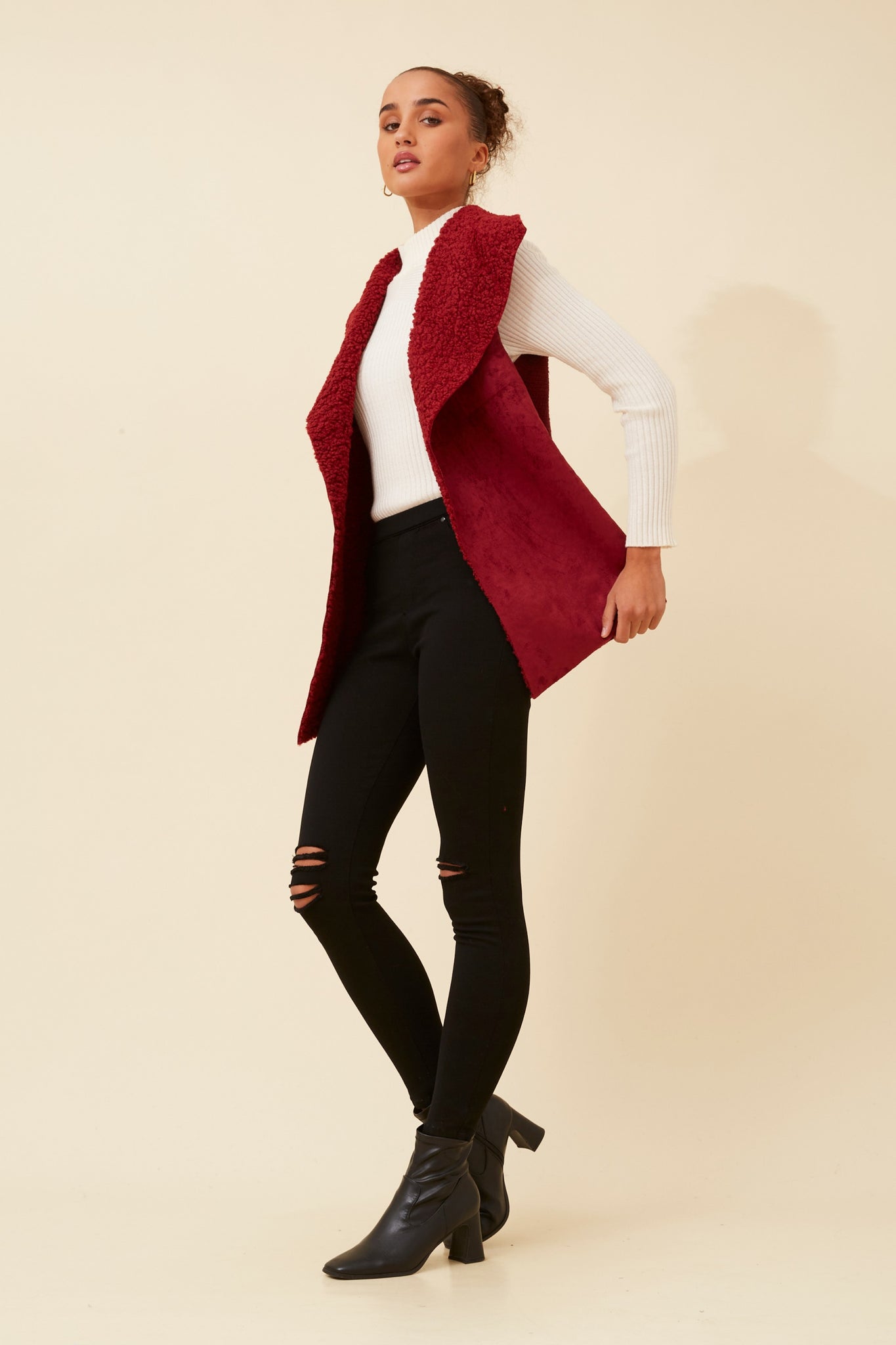 CKM - SLEEVELESS SUEDE VEST WITH KNITTED BACK DETAIL
