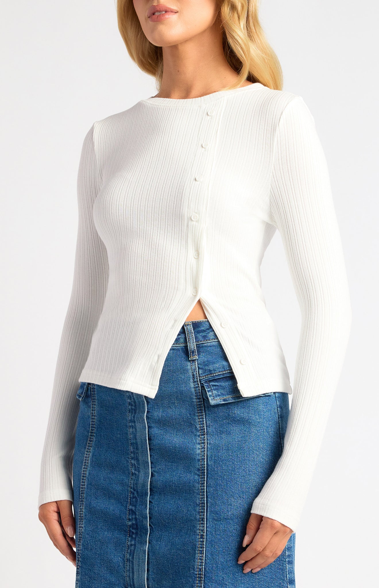 SYTLE STATE - ASYMMETRIC BUTTON UP LONG SLEEVE JERSEY TOP